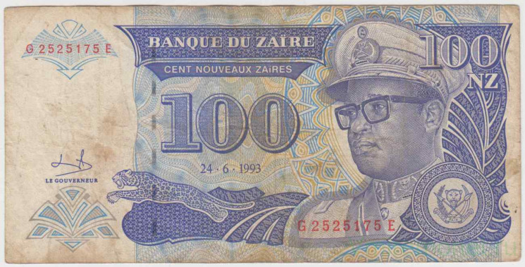 Банкнота. Заир (Конго). 100 заиров 1993 год.