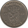 Монета. Норвегия. 1 крона 1953 год. ав.