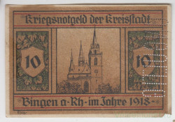 Бона. Нотгельд. Германия. Город Бинген. 10 марок 1919 год. Перфорировано "недействительна".