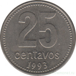 Монета. Аргентина. 25 сентаво 1993 год. Медно-никелевый сплав. Тонкий шрифт.