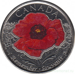 Монета. Канада. 25 центов 2015 год. 100 лет стихотворению "На полях Фландрии". Цветная эмаль.