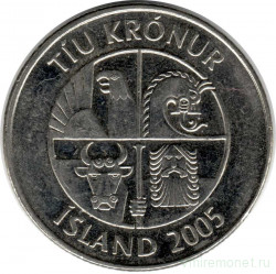 Монета. Исландия. 10 крон 2005 год.