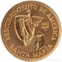 Монета. Куба. 1 песо 1981 год. 500 лет открытию Америки "Санта-Мария". Желтое покрытие.