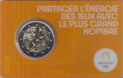 Монета. Франция. 2 евро 2022 год. XXXIII летние Олимпийские игры, Париж 2024. Коинкарта "Поделись энергией игр с как можно большим количеством людей".