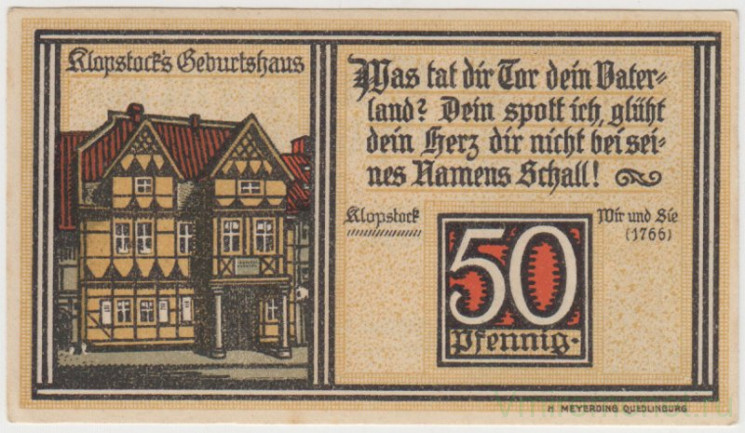 Бона. Нотгельд. Германия. Город Кведлинбург. 50 пфеннигов 1921 год. Вариант 1087.1.c.2.2.
