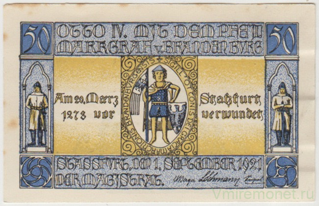 Бона. Нотгельд. Германия. Город Штрассфурт. 50 пфеннигов 1921 год. Вариант 1256.3.а.3.