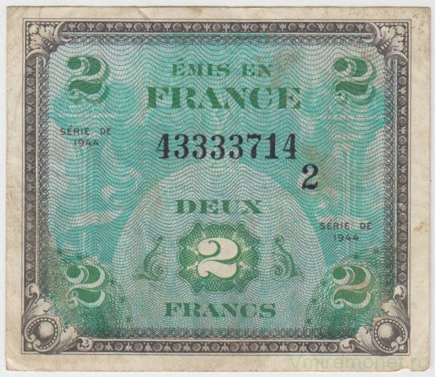 Банкнота. Франция. Американская оккупация. 2 франка 1944 год. Тип 114b.
