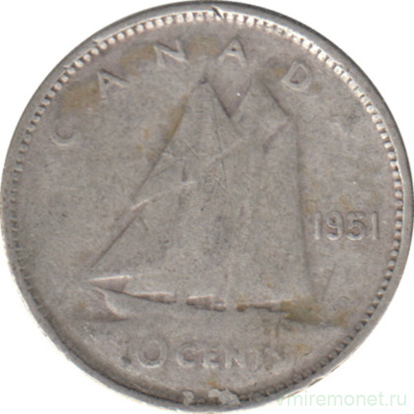 Монета. Канада. 10 центов 1951 год.