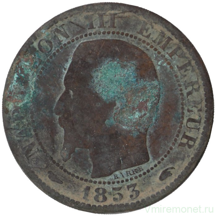 Монета. Франция. 5 сантимов 1853 год. А. 