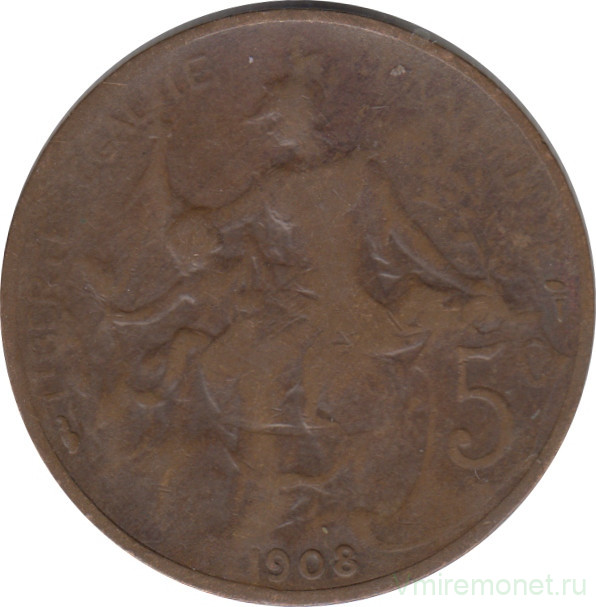 Монета. Франция. 5 сантимов 1908 год.