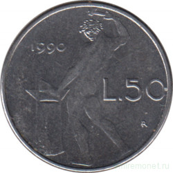 Монета. Италия. 50 лир 1990 год.