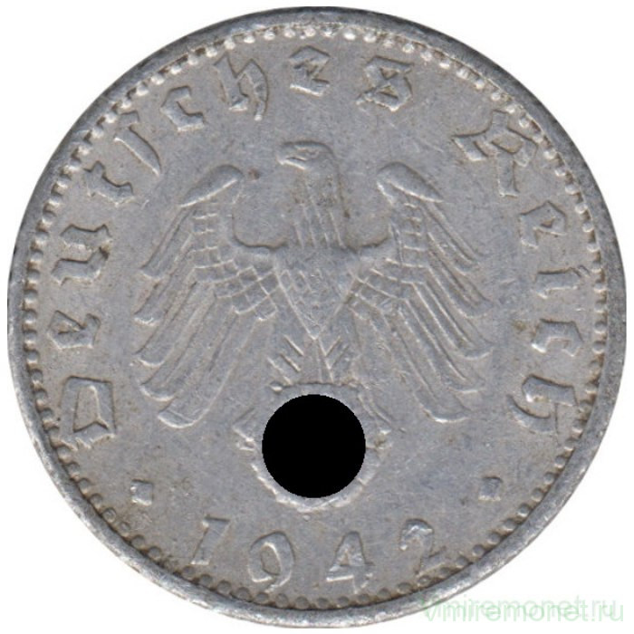 Монета. Германия. Третий рейх. 50 рейхспфеннигов 1942 год. Монетный двор - Мюльденхаузен (E). Монета. Германия. Третий рейх. 50 рейхспфеннигов 1942 год. Монетный двор - Мюльденхаузен (E).