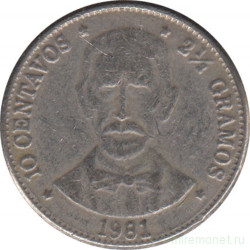 Монета. Доминиканская республика. 10 сентаво 1981 год.