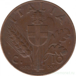 Монета. Италия. 10 чентезимо 1938 год.