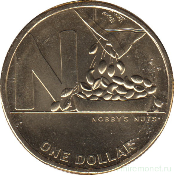 Монета. Австралия. 1 доллар 2021 год.  Английский алфавит. Буква "N".
