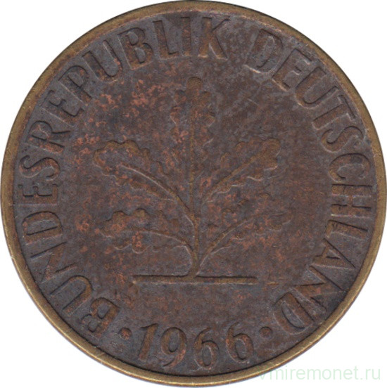 Монета. ФРГ. 10 пфеннигов 1966 год. Монетный двор - Карлсруэ (G).