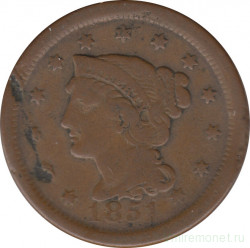 Монета. США. 1 цент 1851 год.
