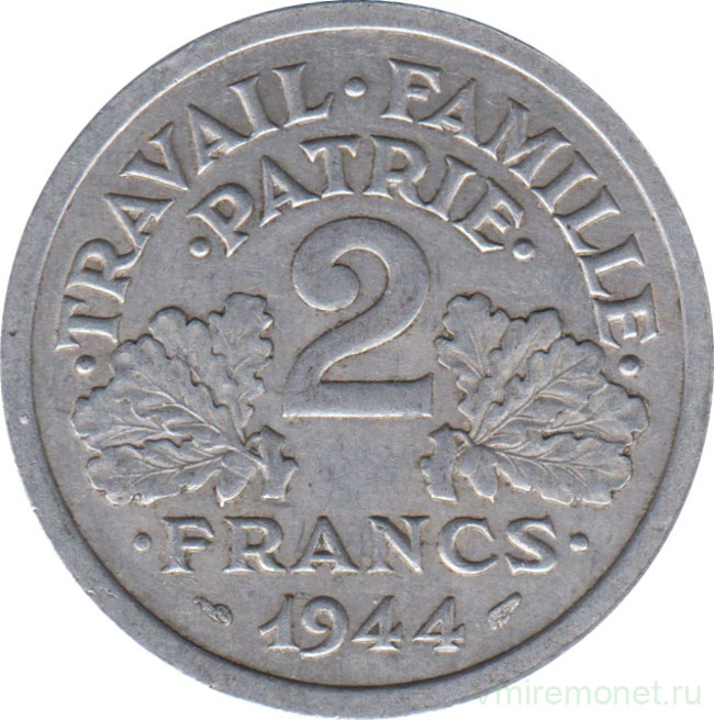 Монета. Франция. 2 франка 1944 год. Монетный двор - Париж.