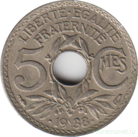 Монета. Франция. 5 сантимов 1938 год. Никелевая бронза.