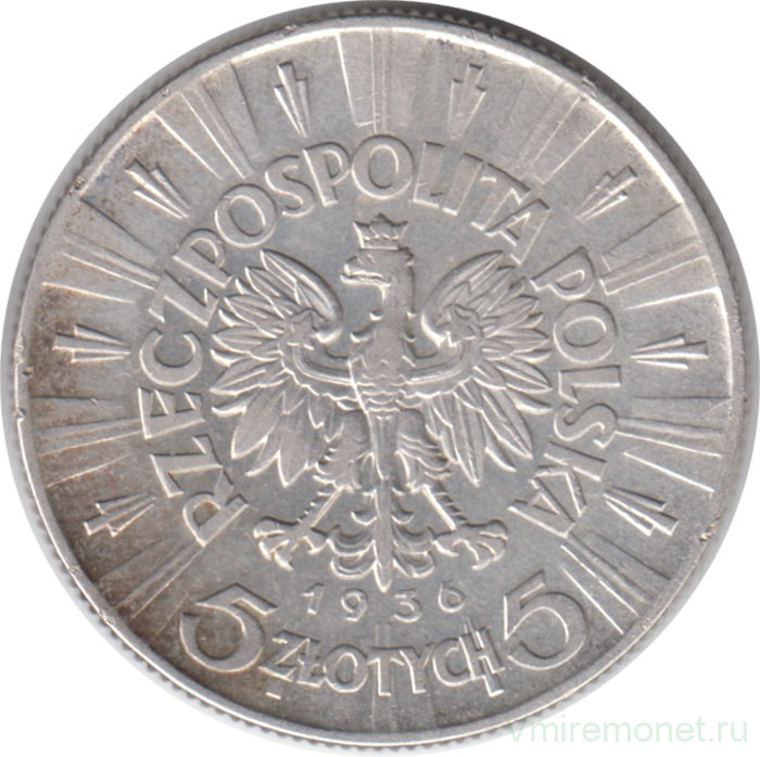 Монета. Польша. 5 злотых 1936 год. Юзеф Пилсудский.