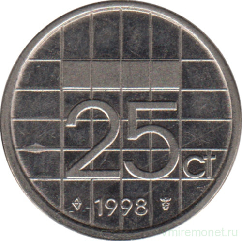 Монета. Нидерланды. 25 центов 1998 год.