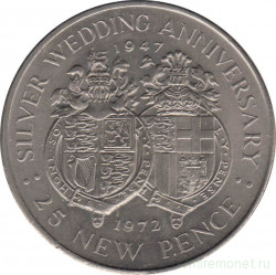 Монета. Гибралтар. 25 новых пенсов 1972 год. 25 лет свадьбе Королевы Елизаветы II и Принца Филиппа.