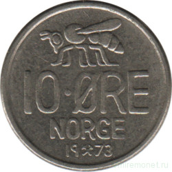 Монета. Норвегия. 10 эре 1973 год.