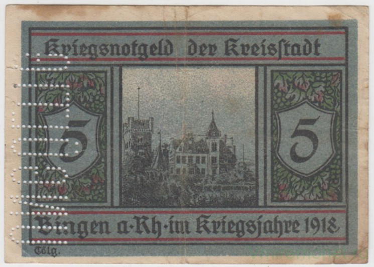 Бона. Нотгельд. Германия. Город Бинген. 5 марок 1919 год. Перфорировано "недействительна".