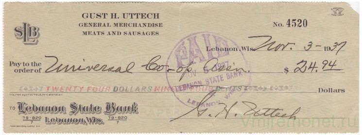 Ценная бумага. Ливан. Банковский чек на сумму 25 долларов 1937 год.