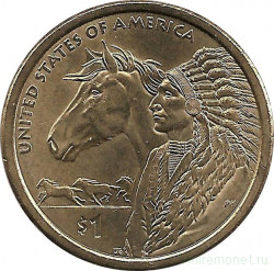 Монета. США. 1 доллар 2012 год. Сакагавея, индеец с лошадью. Монетный двор D.