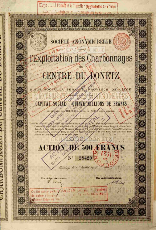 Акция. Россия. "Эксплуатация угольных шахт Донецка". 500 франков 1900 год.