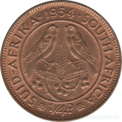 Монета. Южно-Африканская республика (ЮАР). 1/4 пенни 1954 год.