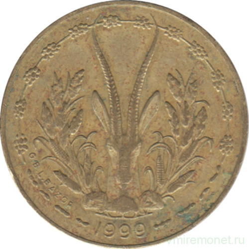 Монета. Западноафриканский экономический и валютный союз (ВСЕАО). 5 франков 1999 год.