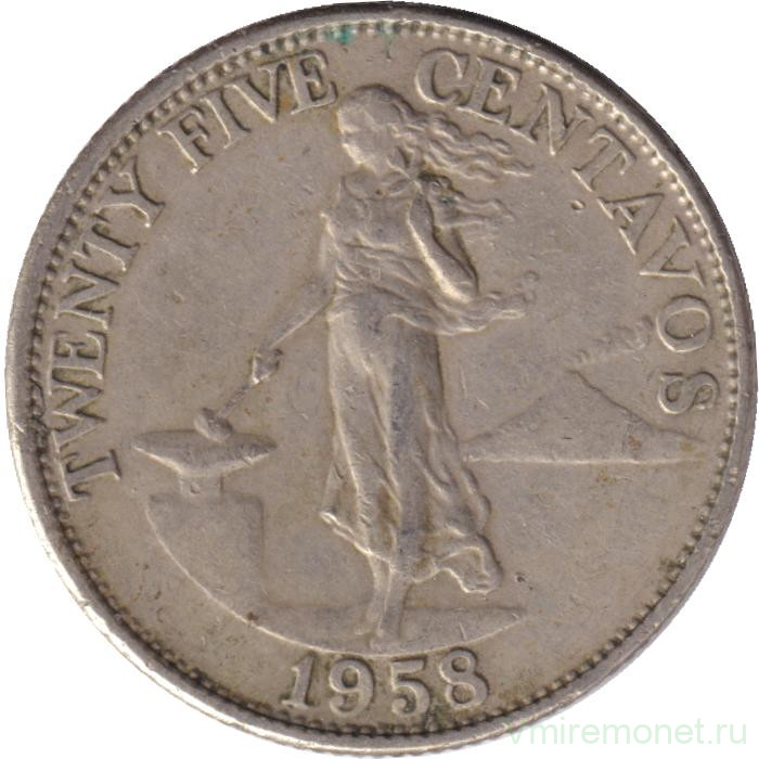 Монета. Филиппины. 25 сентаво 1958 год.