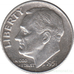 Монета. США. 10 центов 1951 год. Серебряный дайм Рузвельта. Монетный двор S.