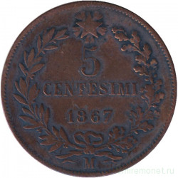 Монета. Италия. 5 чентезимо 1867 год. M.