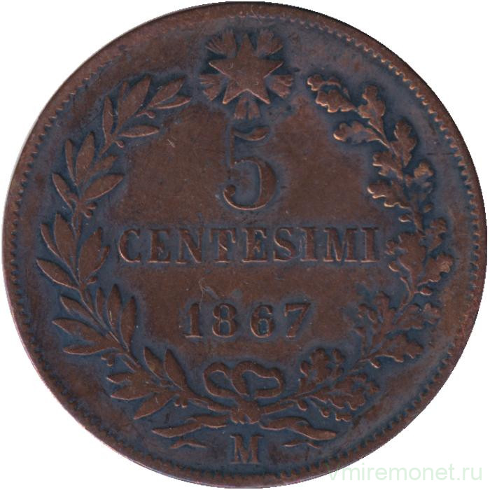 Монета. Италия. 5 чентезимо 1867 год. M.