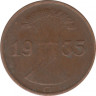 Монета. Германия. Веймарская республика. 1 рейхспфенниг 1935 год. Монетный двор - Карлсруэ (G). ав.