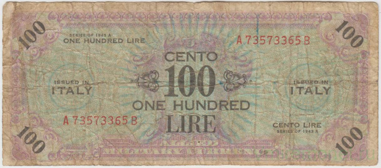 Банкнота. Италия. Американская оккупация. 100 лир 1943 год. Тип М21b.