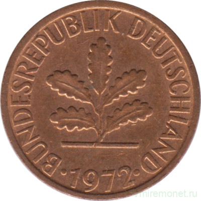 Монета. ФРГ. 1 пфенниг 1972 год. Монетный двор - Карлсруэ (G).
