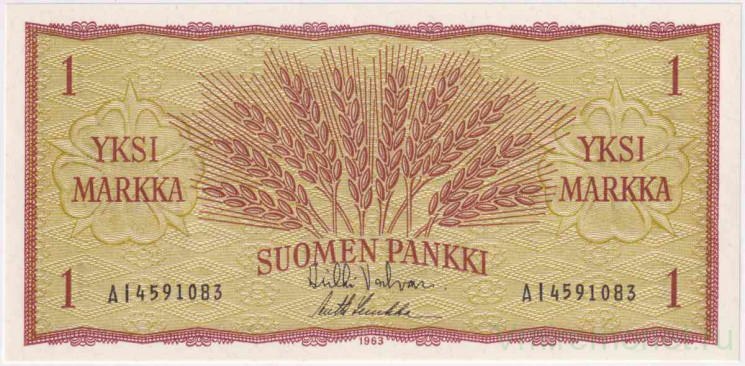 Банкнота. Финляндия. 1 марка 1963 год. Тип 98A(38).