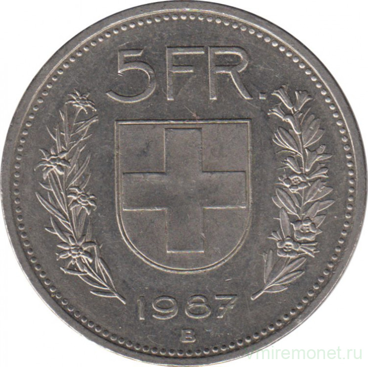 Монета. Швейцария. 5 франков 1987 год.