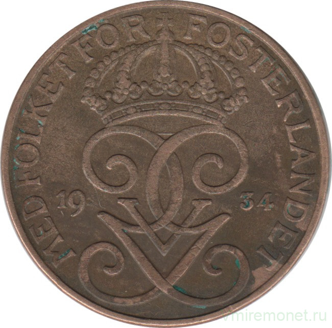Монета. Швеция. 5 эре 1934 год.