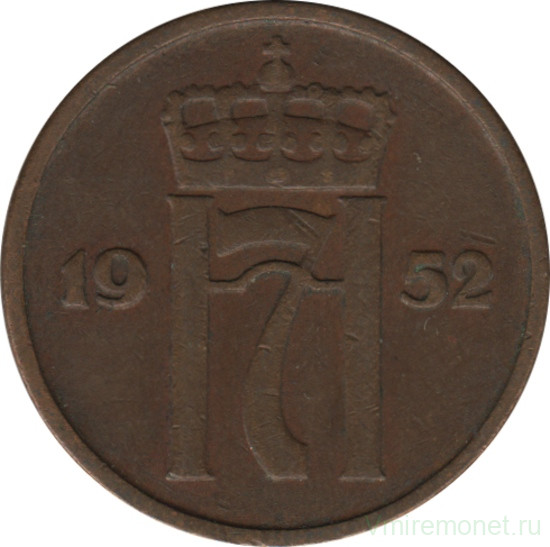 Монета. Норвегия. 2 эре 1952 год. (новый тип)