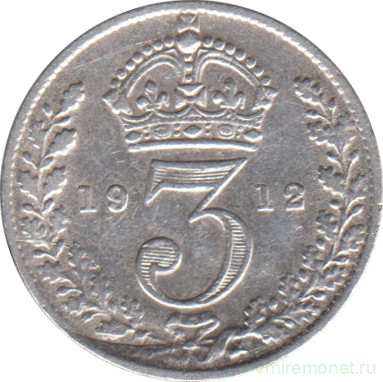 Монета. Великобритания. 3 пенса 1912 год.