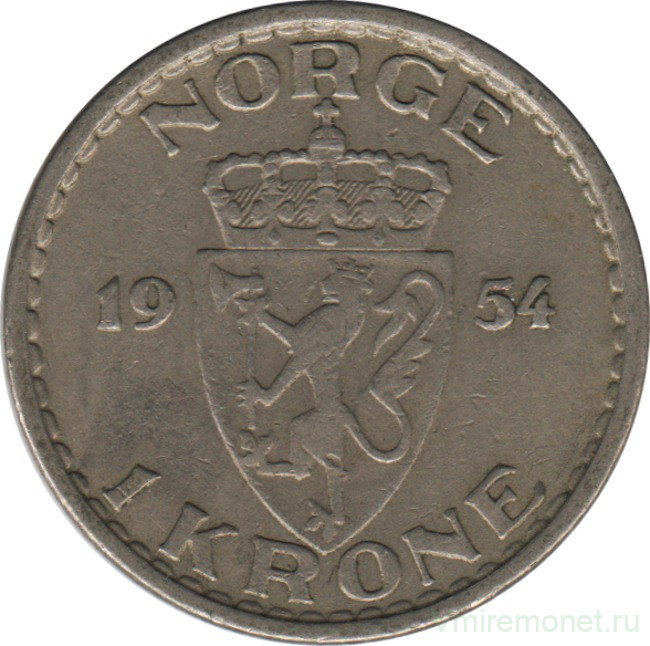 Монета. Норвегия. 1 крона 1954 год.