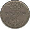  Монета. Норвегия. 1 крона 1954 год. ав.