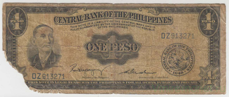 Банкнота. Филиппины. 1 песо 1949 год. Тип P133c.