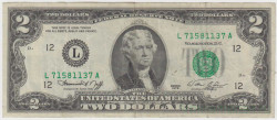 Банкнота. США. 2 доллара 1976 год. Серия L.