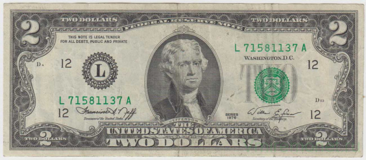 Банкнота. США. 2 доллара 1976 год. Серия L.